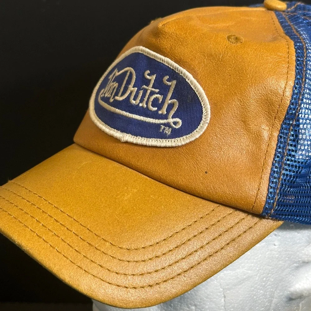 Von Dutch Trucker Hat Tan Leather Blue Mesh Snapback Y2K Logo Cap Mens